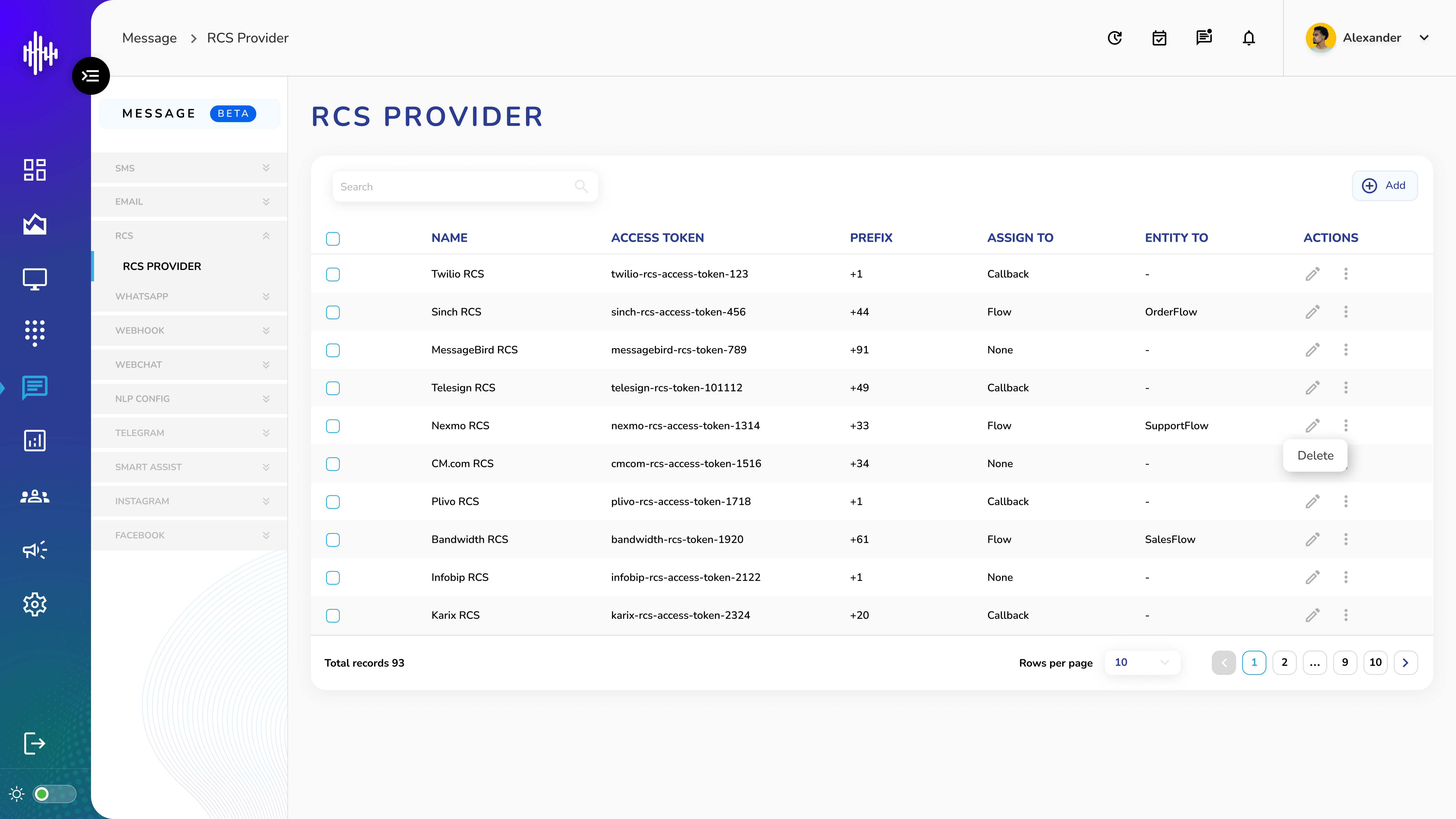 RCS Provider - Listing Screen